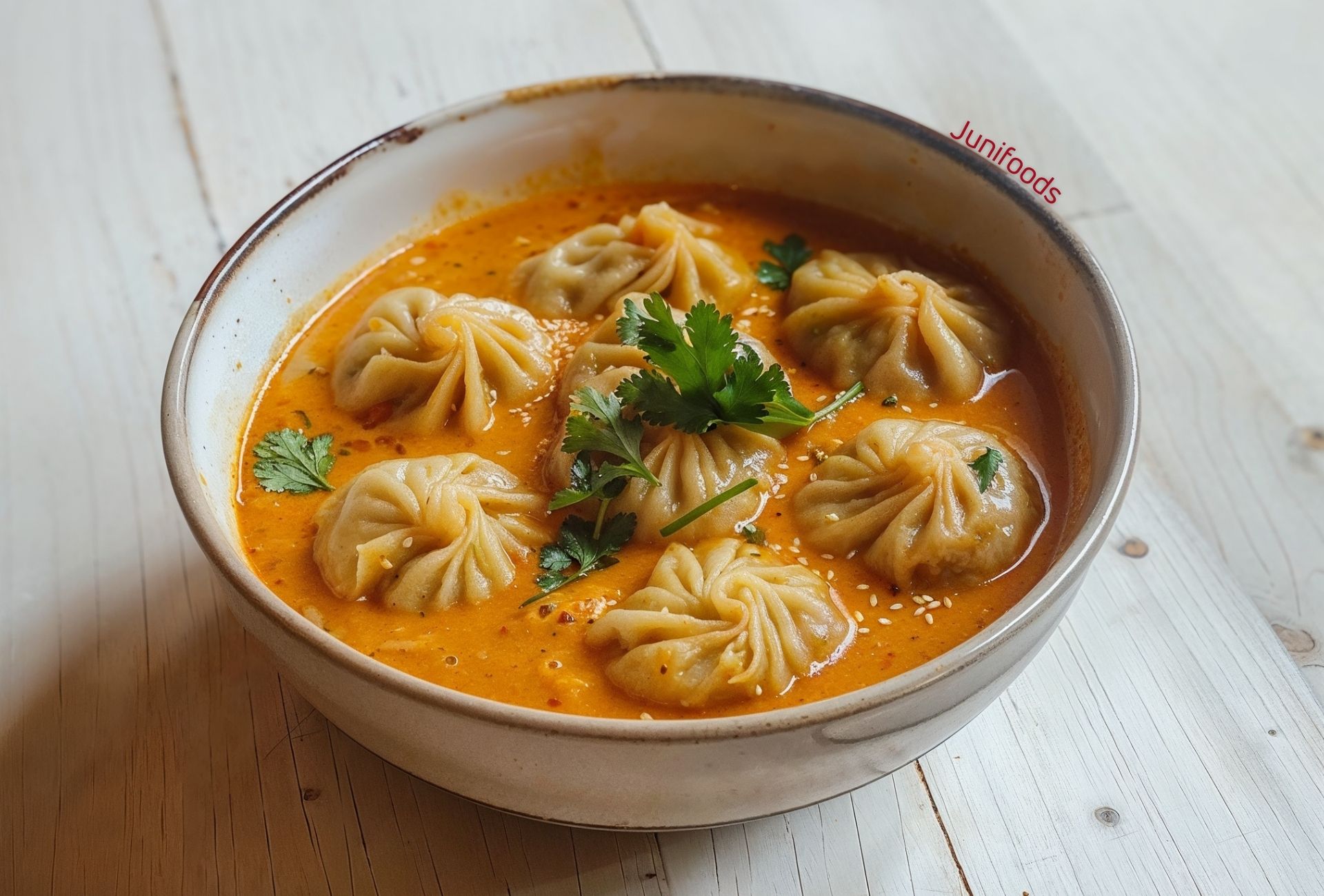 Chicken Jhol Momo — momos in orange jhol with coriander